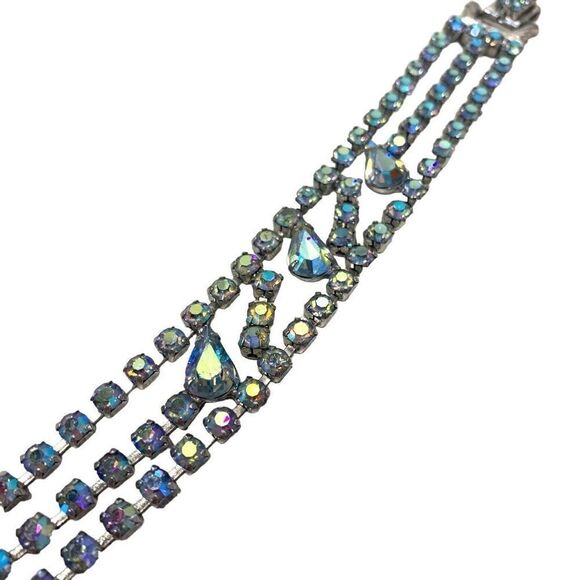 Vintage 50s Dazzling Blue Brilliant AB Prong Set Glass Rhinestones 4Row Bracelet - Picture 2 of 10